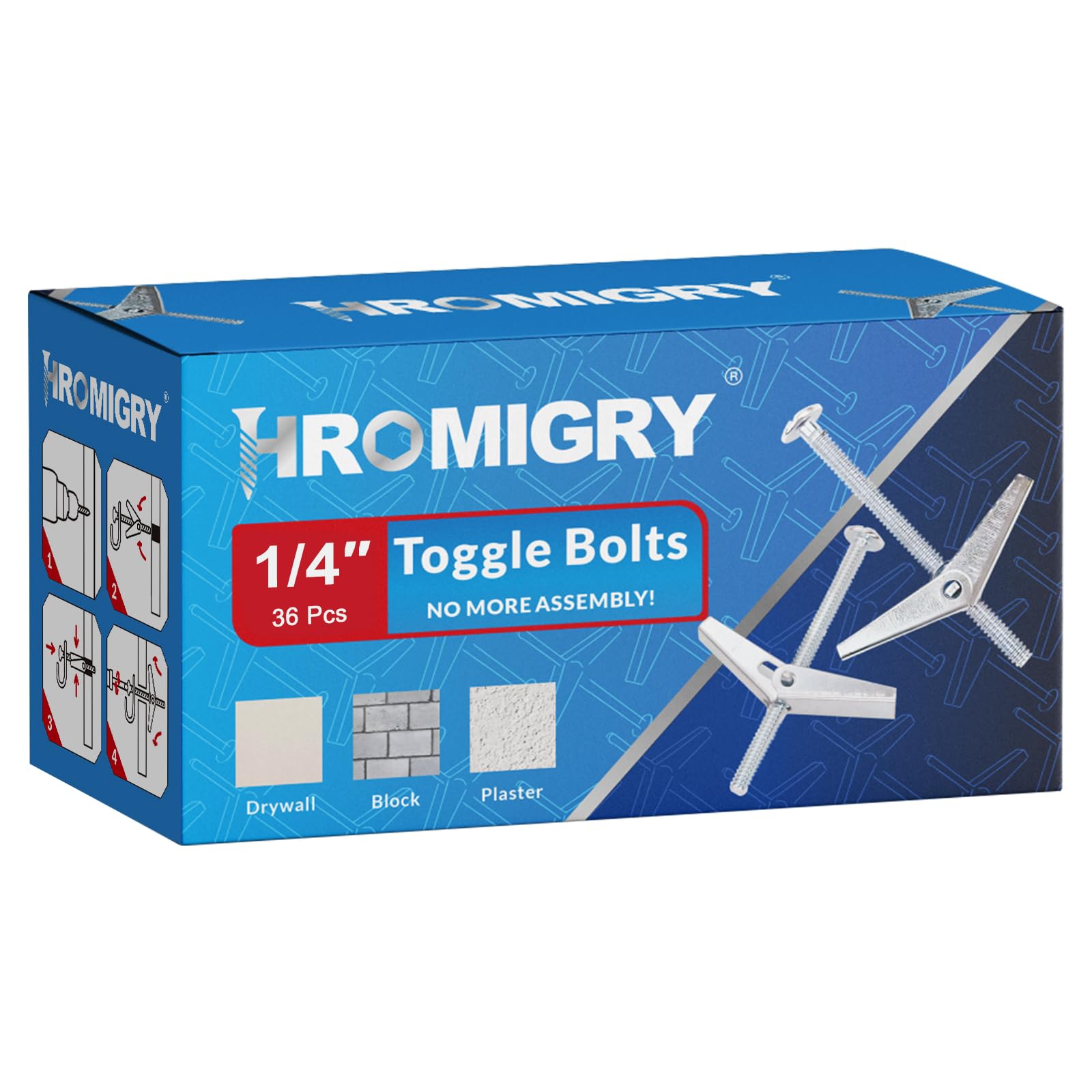 Photo 1 of HROMIGRY 1/4"x4" Toggle Bolts (36 Pcs) 1/4 inch Wall Anchors for Drywall Heavy Duty, Butterfly Anchor Bolt for Hollow Wall, Sheetrock, Ceiling