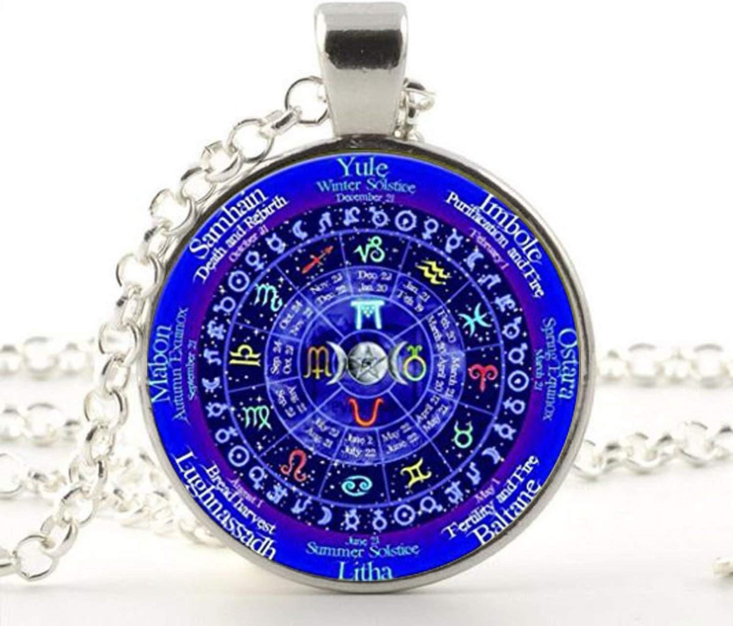 Zodiac Wicca Necklace Pendant, Pentagram Wiccan Vintage Necklace, Men Jewelry Women Gift