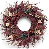 26 Inch Large Halloween Wreath Fall Burgundy Wreaths for Front Door Decor | Halloween Autumn Wreath for Indoor Outdoor Front Porch Wall Window Mantel Fireplace Home Decor with Mixed Foliage and Berries
