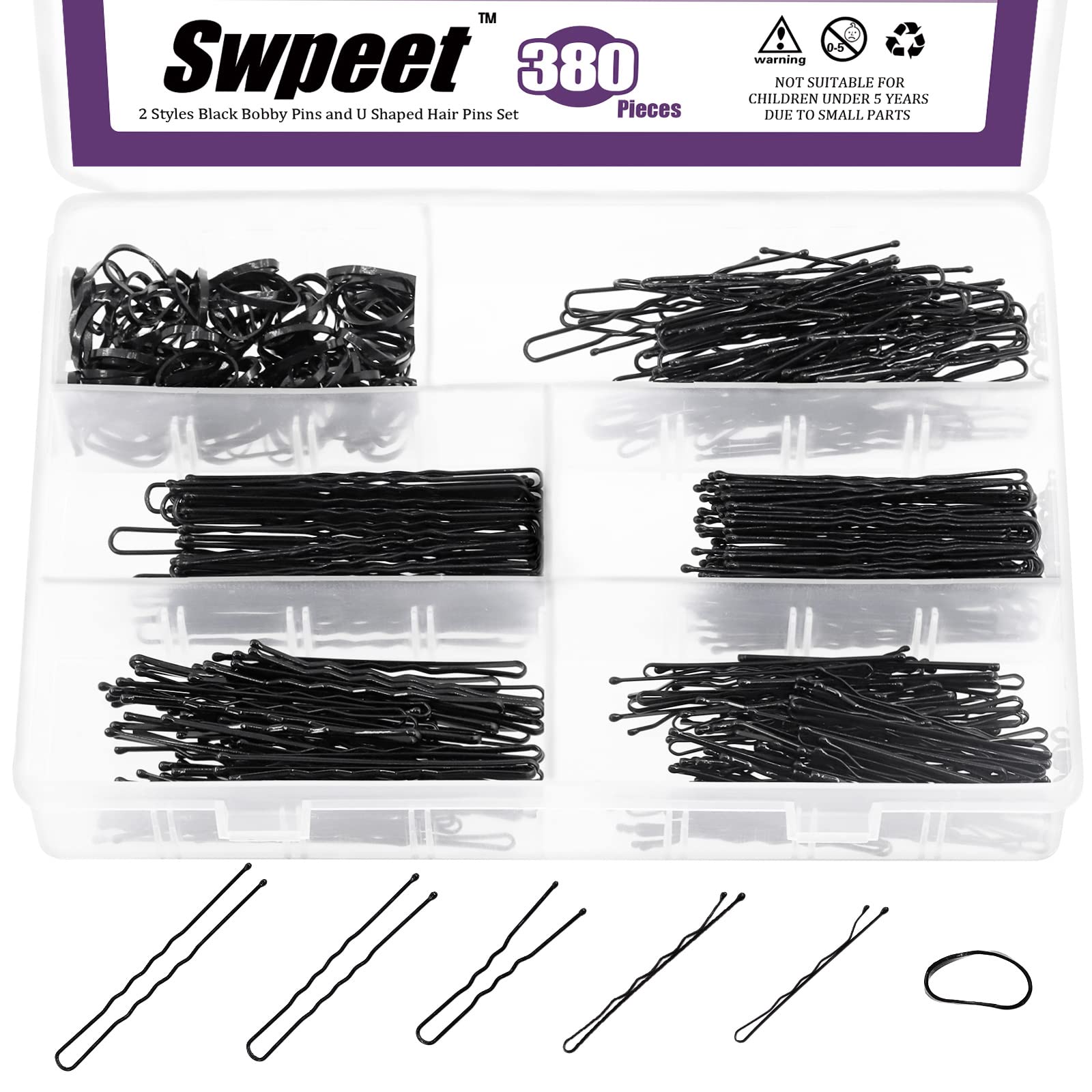 Swpeet 380Pcs 2 Styles 1.9Inch 2.4Inch 2.7Inch Black Hair Pins Bobby Pins with Rubber Bands Kit, Including 120Pcs Bobby Pins and 160Pcs U Hair Pins Hair Clips with Soft Elastic Bands