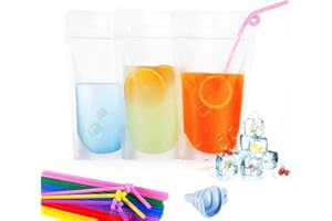TOPHOUSE 200pcs Drink Pouches for Adults Heavy Duty Hand-Held Translucent Reusable Juice Pouches with 200 Drink Straws Adult Party Favors