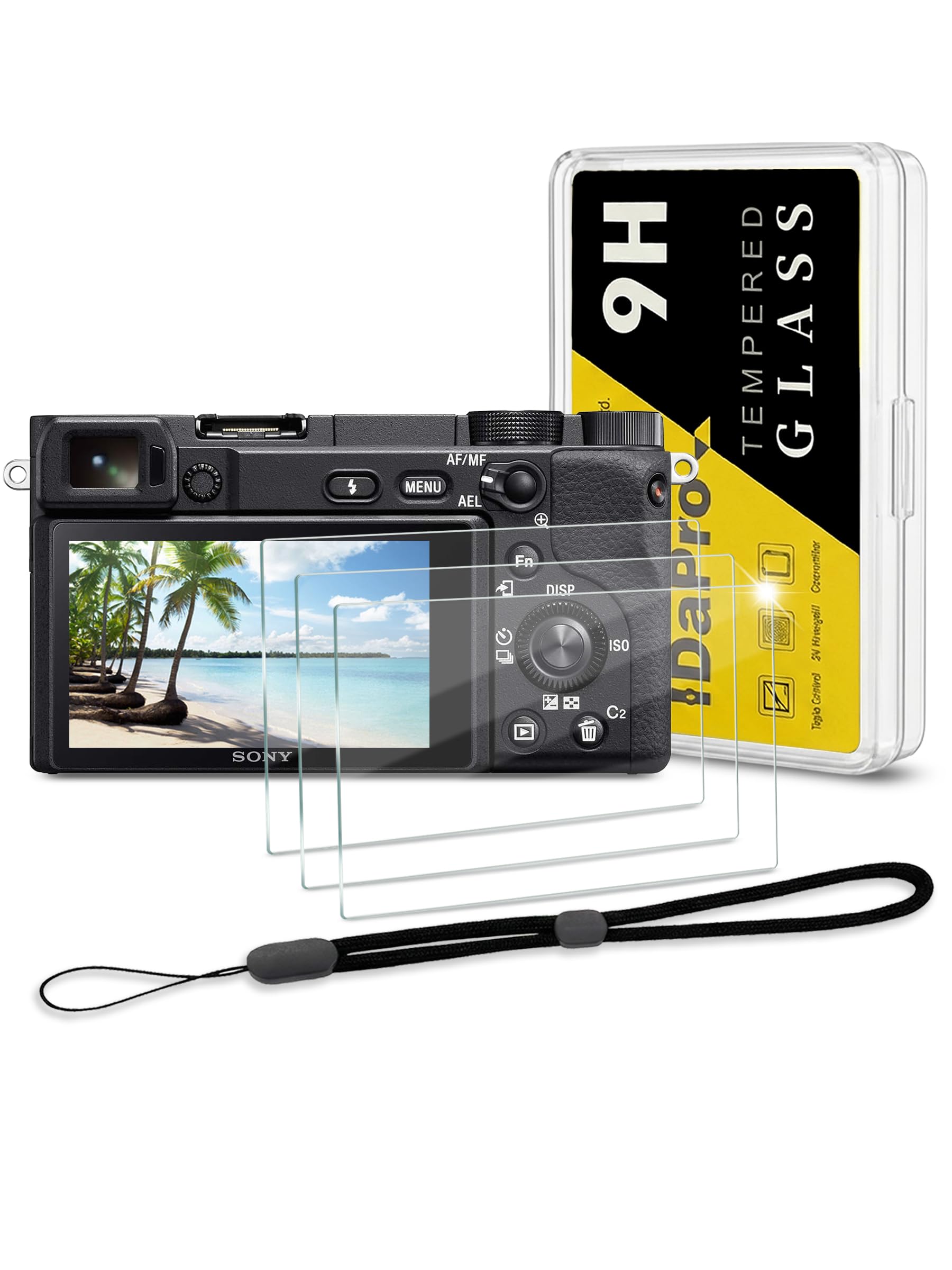 iDaPro Screen Protector for Sony Alpha A6600 A6400 A6300 A6100 A6000 A5000 & Hand Lanyard [3+1 Pack] Tempered Glass Easy Installation