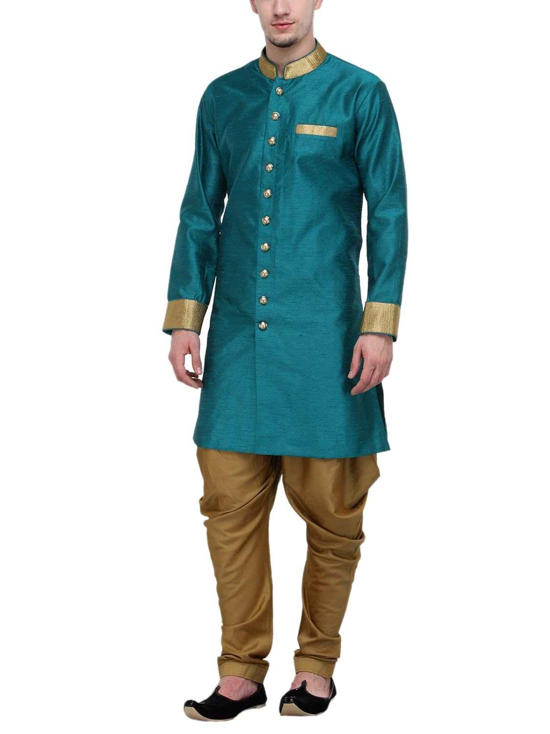 rg designers rama and gold plain sherwani for men