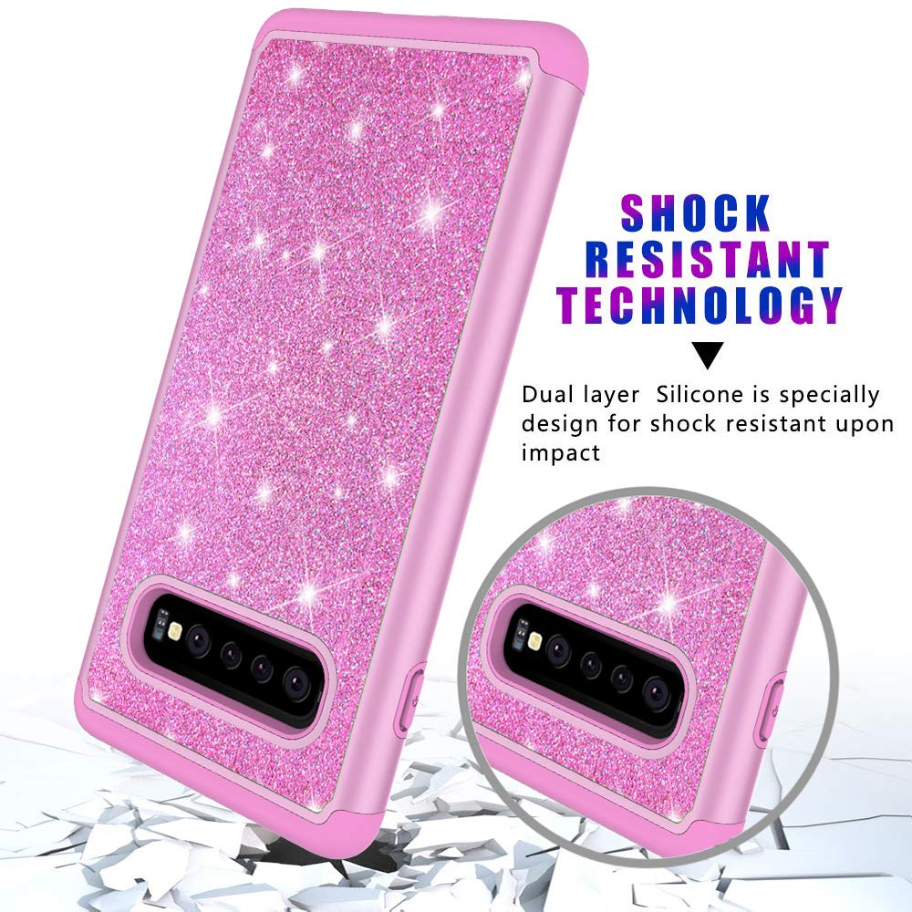 MIITUUELE Galaxy S10 Case, Glitter Case Sparkle Bling, Shining Heavy Duty Protection Dual Layer Hybrid Protective Armor Hard Cover Girls Women Cute Case for Samsung Galaxy S10 (Rose Red)