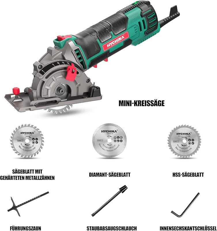 HYCHIKA Mini Kreissäge, Handkreissäge mit 3 Sägeblättern, Skalenlineal, 500W Motor aus reinem Kupfer, 4500RPM, Ideal für Holz-, Weichmetall-, Fliesen- und Kunststoffschnitte