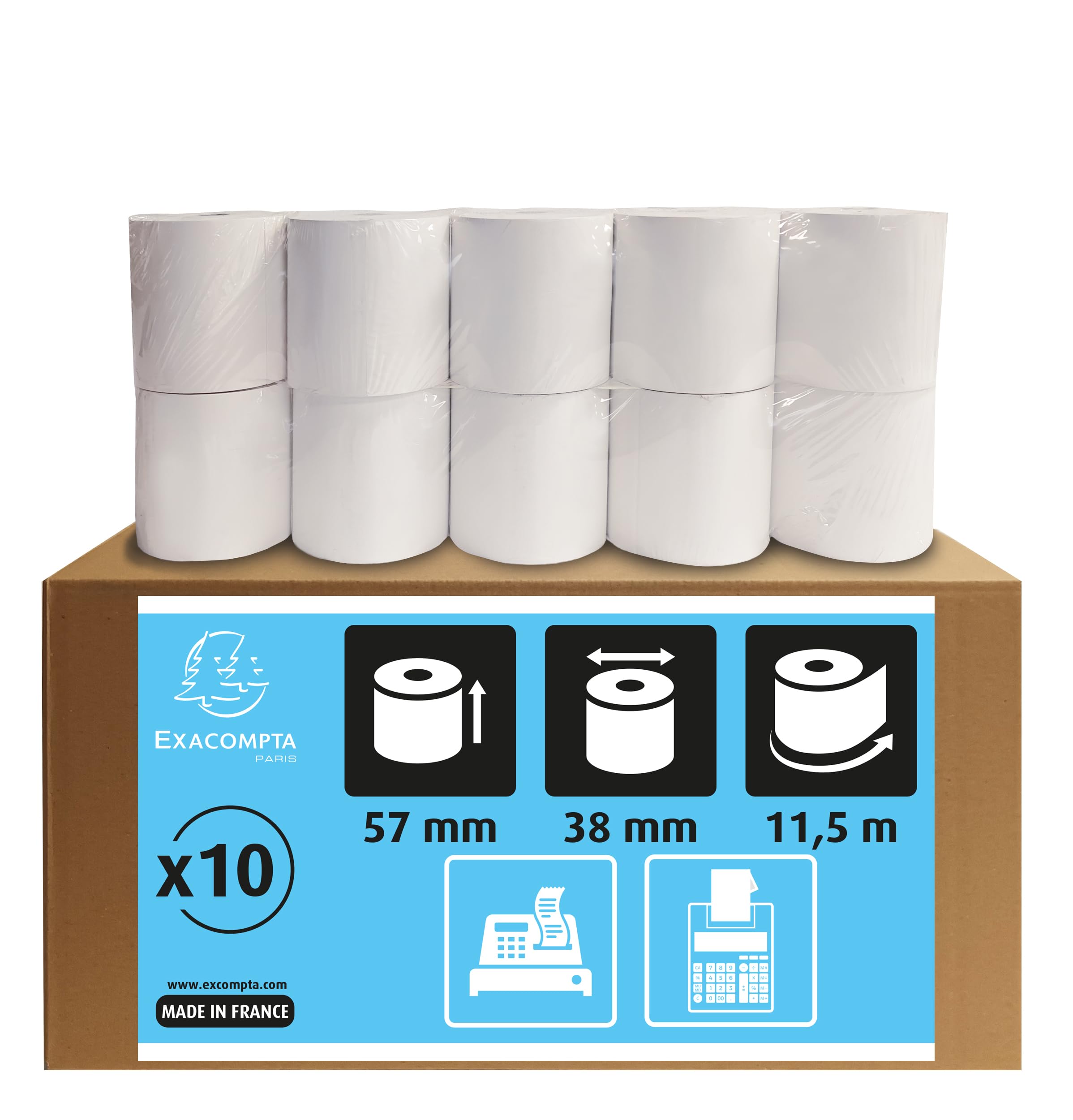 Exacompta - Ref 5740120V - Cash Register and Calculator Receipt Rolls (Pack of 10 Rolls) - 57mm Width x 11.5m Length, Suitable for Shops, Kiosks, Cafés, Restaurants, Card Payments