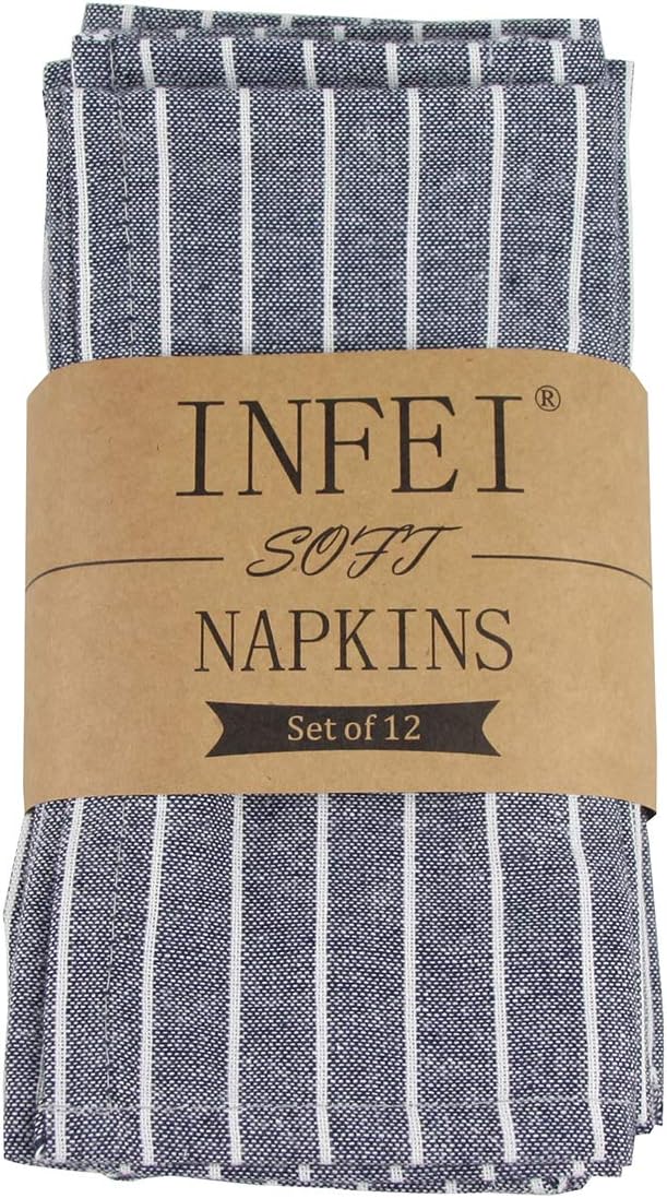 INFEI Soft White Striped Linen Cotton Dinner Cloth Napkins - Set of 12 (40 x 30 cm) - for Events & Home Use (Navy): Home & Kitchen