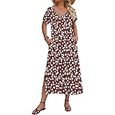 Zeagoo Women Summer Floral Dress Short Sleeve Beach Dress with Pockets Casual V-Neck Split Long T-Shirt Dress Travel Vacation