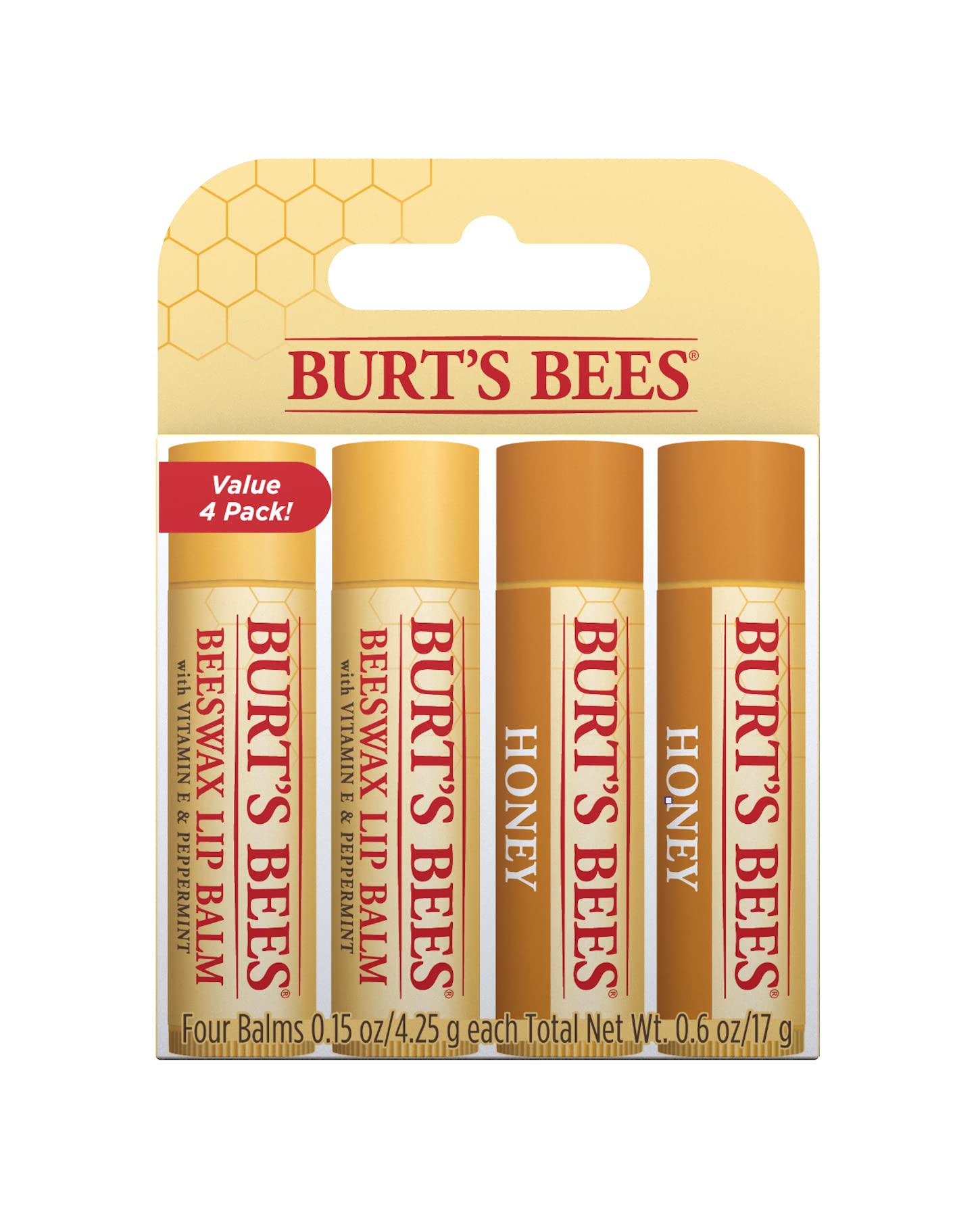 Burt's Bees Lip Balm Multipack, Moisturising Lip Balm Set With Beeswax & Honey, Value Pack, 4x4.25g