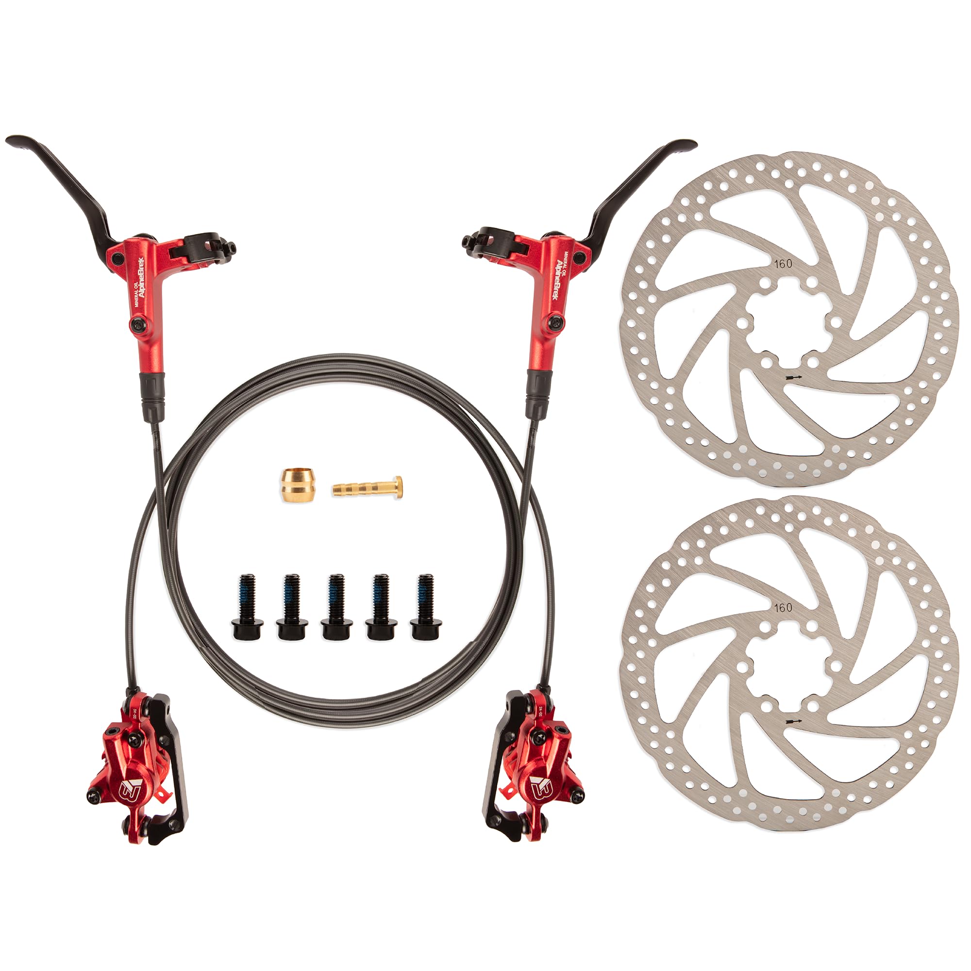 Photo 1 of AlpineBrek Hydraulic Disc Brake Set For MTB(Red), E-Bike, And Bicycle - Hydraulic Bike Brakes, Disc Brakes, MTB Brakes - Front 900mm and Rear 1500mm