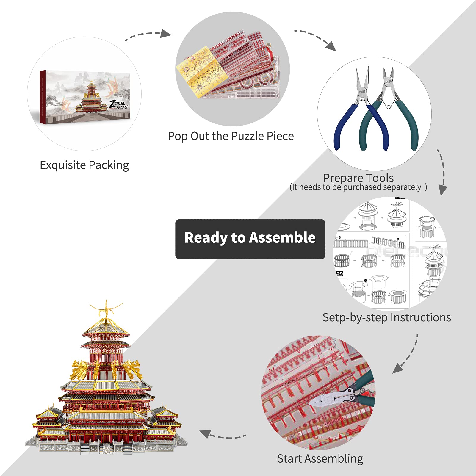 Piececool 3D Metal Puzzles for Adults, Ziwei Palacer Model Kits, Famous Chinese Architecture Model Building Kits, DIY 3D Puzzle Building Blocks Great Gift,189 Pcs