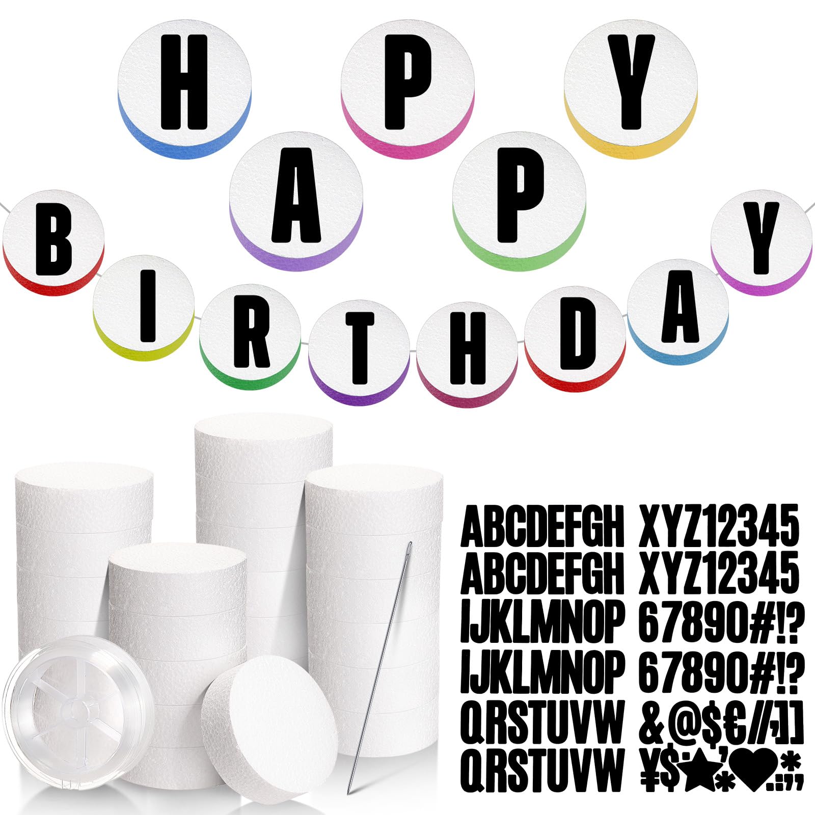 Photo 1 of Cinnvoice 3 Inch Foam Circles for Crafts 24 Pcs Round Foam Discs with Letter Stickers Fishing Line Needle for Friendship Bracelet Banner Making Birthday Decor Sculpture Modeling DIY Craft(Black)
