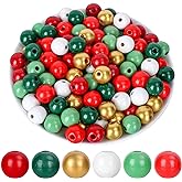 Whaline 240Pcs Christmas Wooden Beads Xmas Natural Red Green Gold Round Beads with Holes Colorful Rustic Craft Bead for DIY Making Bracelet Necklace Farmhouse Home Decor
