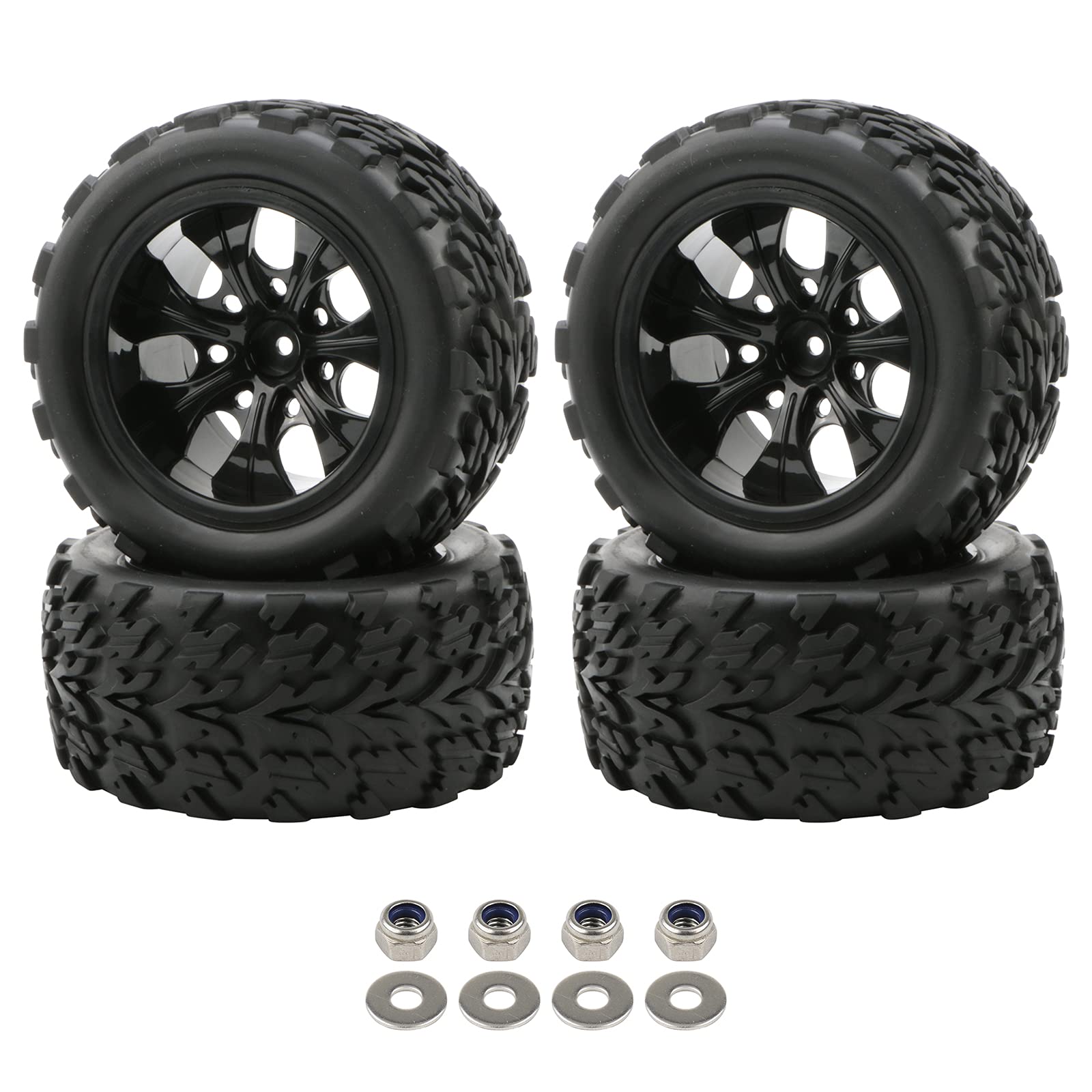 Pxyelec 1:10 RC Car Rubber Tires for Monster Truck, 7 Spokes Wheel Rim Black, 4PCS High Wear-Resistant Wheels with Nuts & Washers, Compatible with Offroad Racing RC Car Parts