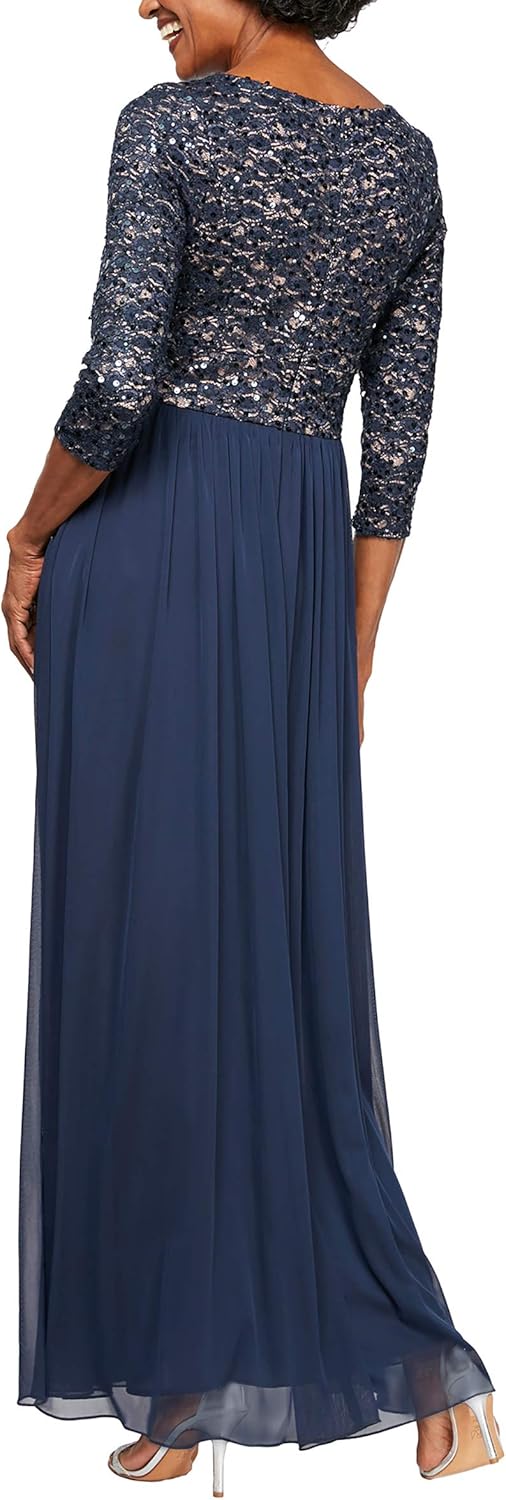 Alex Evenings Women's Long V-Neck Lace Dress with Overlay Skirt at  Women’s Clothing store