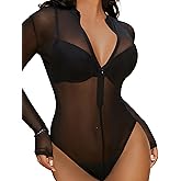 Avidlove Women's Mesh Bodysuit - Long Sleeve Snap Crotch See Through Zipper Sheer Leotard