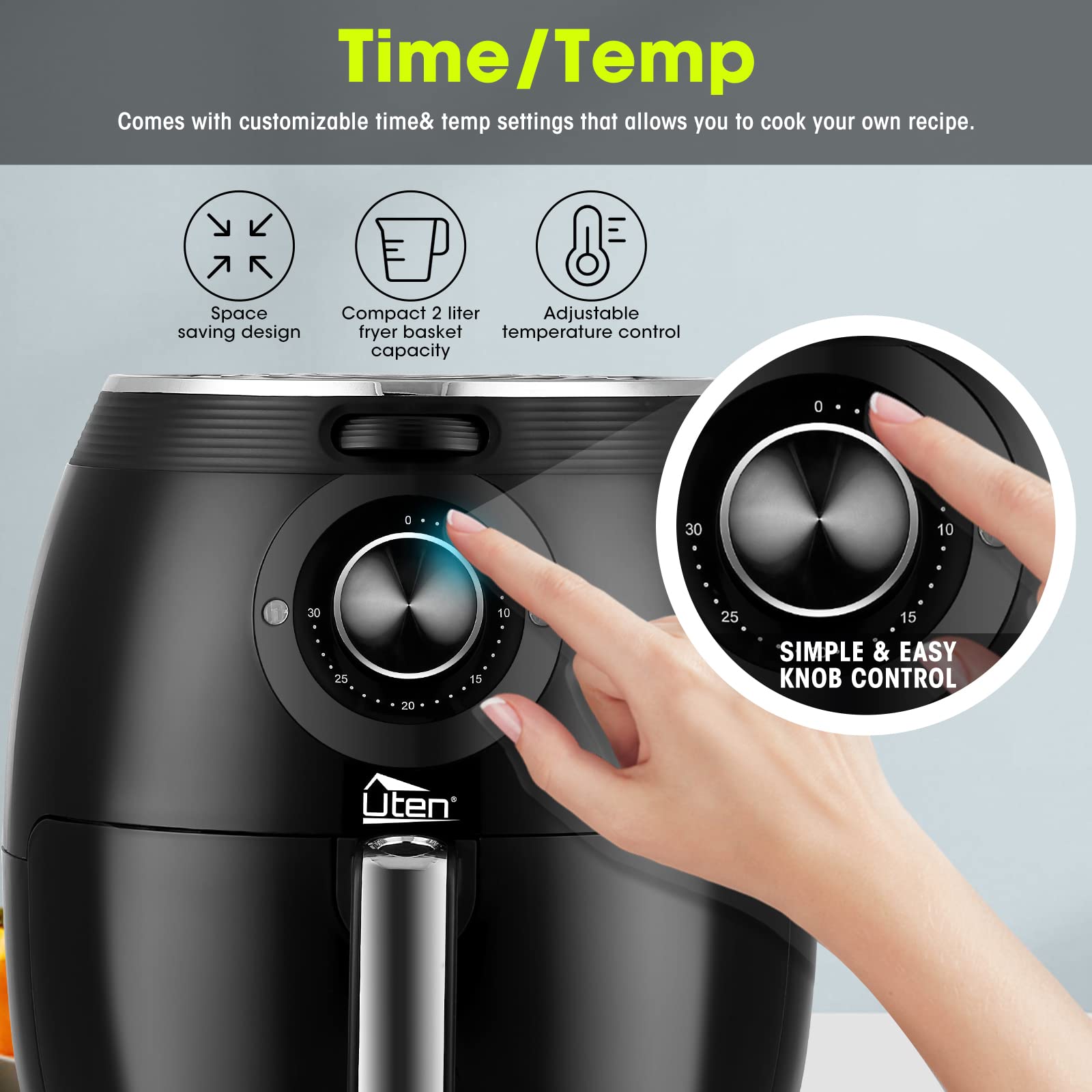 Freidora de aire 5.8QT/5.5L, Uten 1700W AirFryer Control de temperatura caliente eléctrica de alta potencia y perilla del temporizador, cesta para freír antiadherente, apta para lavavajillas, aplicar a fiestas, té de la tarde, negro