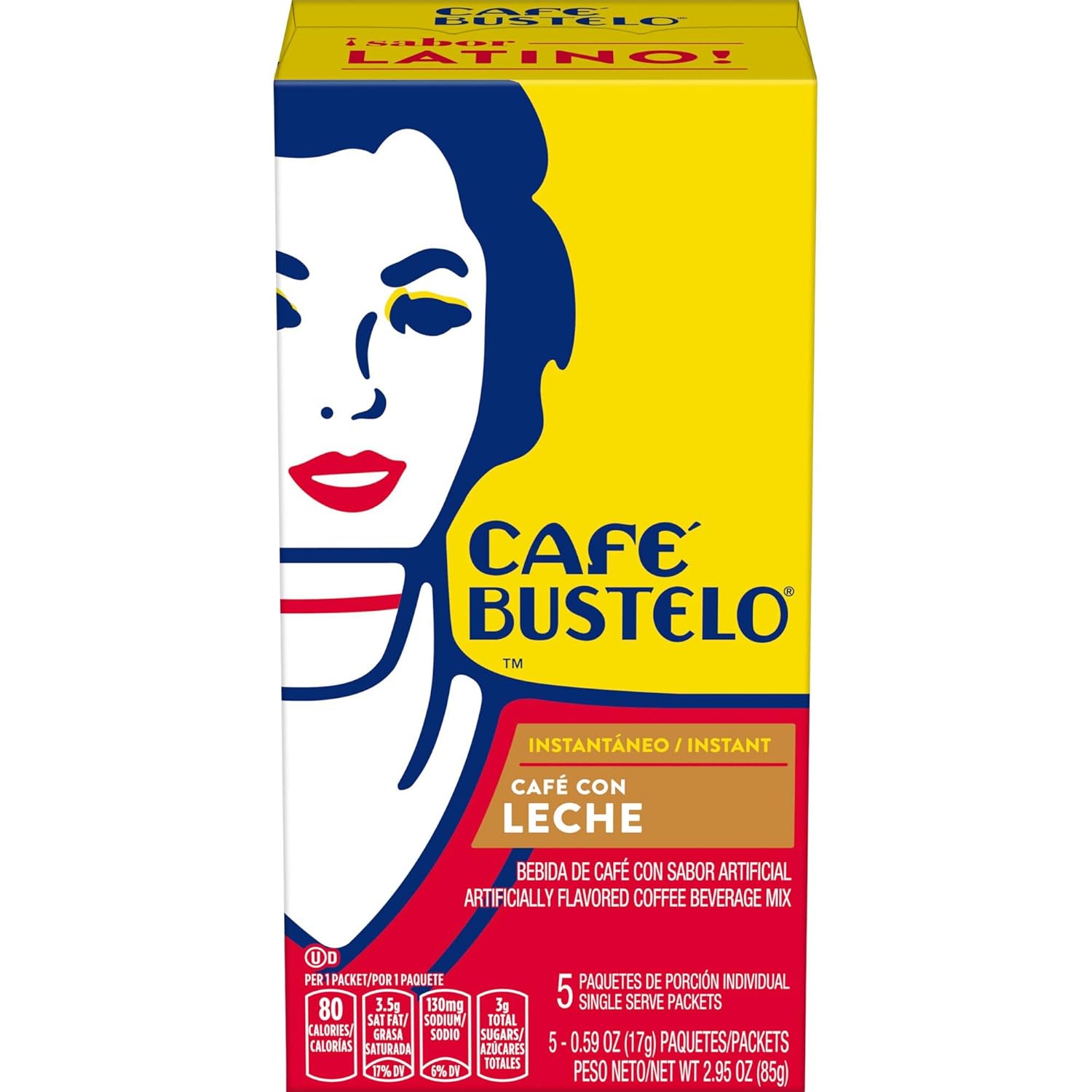 Café Bustelo Café con Leche Flavored Instant Coffee Beverage Mix, 60 Count Single Serve Packets