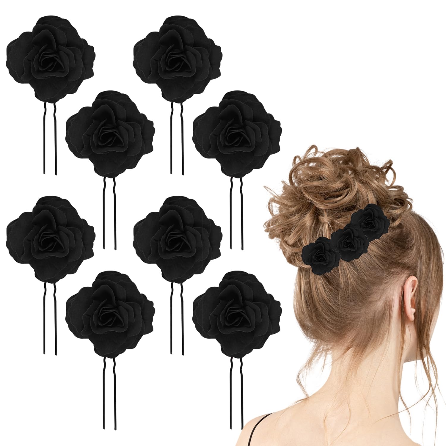 8 PCS Black Rose Flower Hair Clips U Shape Floral Bobby Pins,Vintage Rose Hair Accessories for Women Girls Party Beach Wedding(Black)