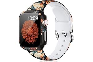 LKEITY Floral Printed Pattern Silicone Band with Case Cover Set Screen Protector Compatible for Apple Watch 45mm 44mm 42mm 41mm 40mm 38mm, Soft Sport Strap for iWatch Series 8 7 SE 6 5 4 3 2 1 Women