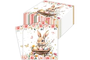 60 Pieces Cute Pink Bunny Egg Flowers Pattern Easter Disposable Beverage Napkins Easter Themed Serviettes Rabbit Cocktail Pap