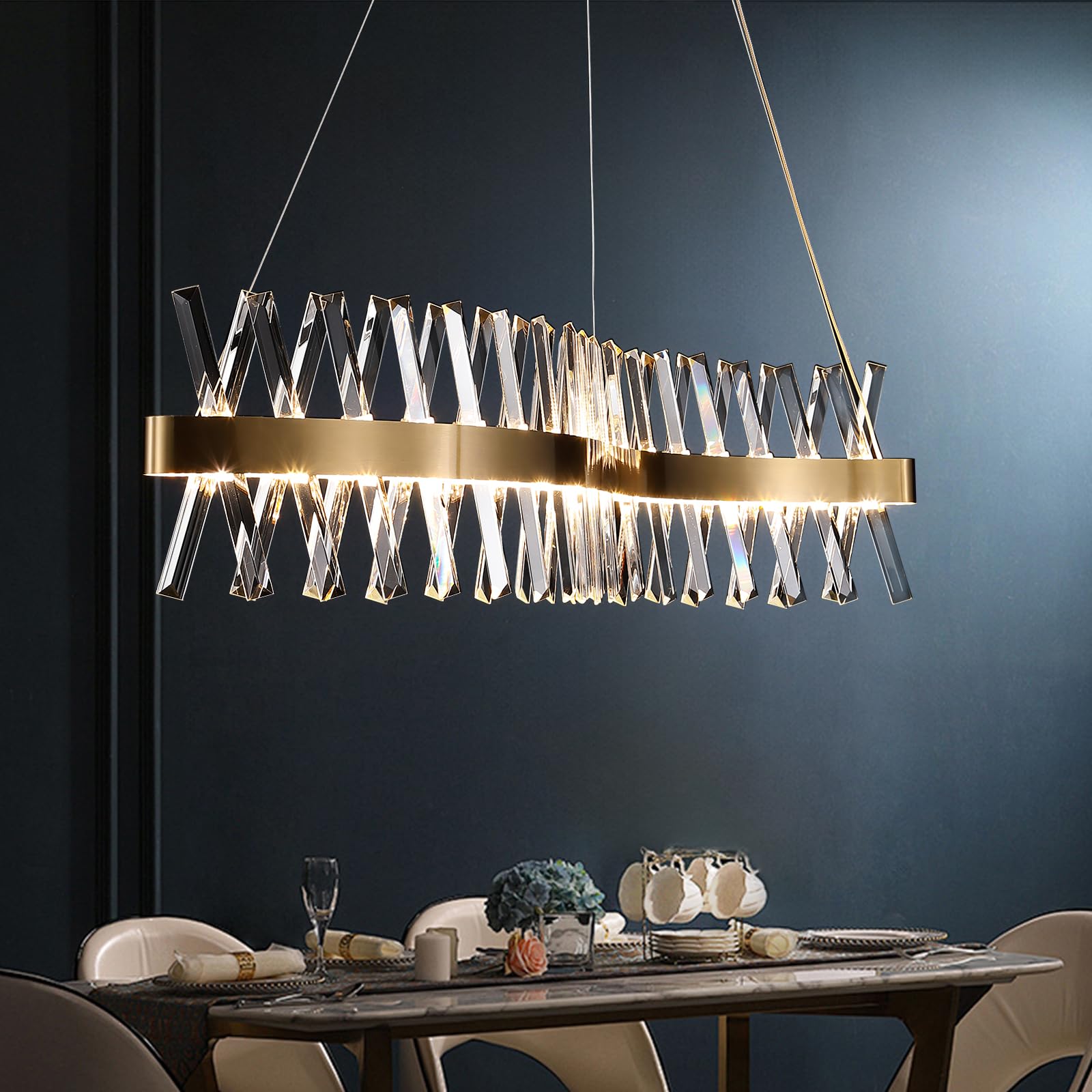 Photo 1 of Gold Crystal Chandelier Modern LED Ceiling Pendant Light Fixture 40” Modern Linear Flush Mount Hanging Light for Dining Room Kitchen Island Bedroom, Brushed Finish Warm White 3000K UL Listed