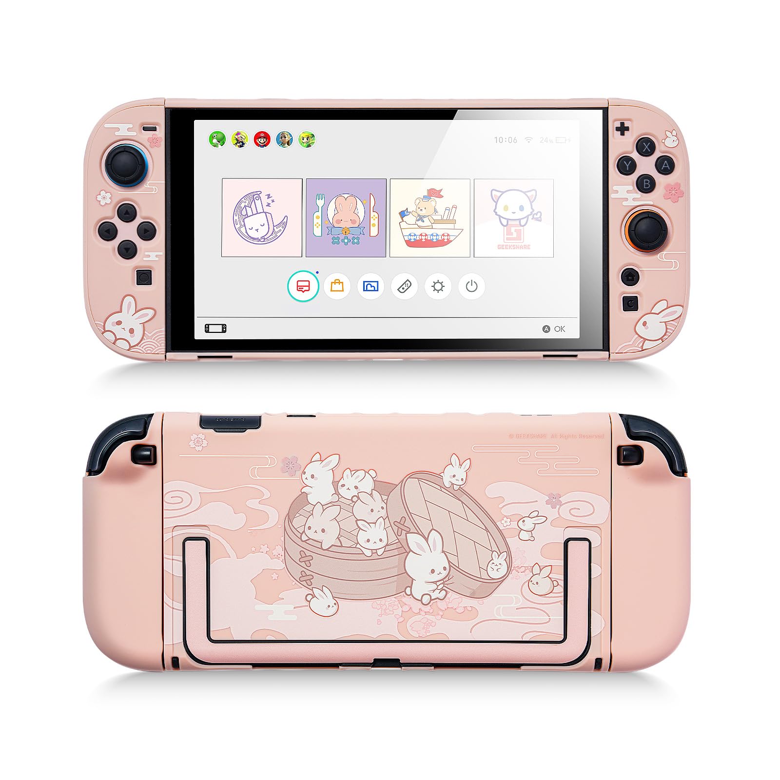 GeekShare Protective Shell Compatible with Switch 2, Kawaii Cartoon Dockable Case for Switch 2, Anti-Scratch and Shock-Absorption Design Cover Skin - Steamed Bun Rabbit
