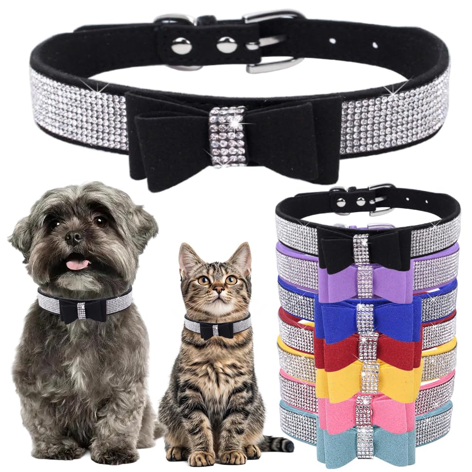 Bowtie Diamante Dog Collar, Pink Dog Collar Adjustable Girls Female Cute Sparkling Crystal Diamond Puppy Collars for Small Medium Large Dogs Black M