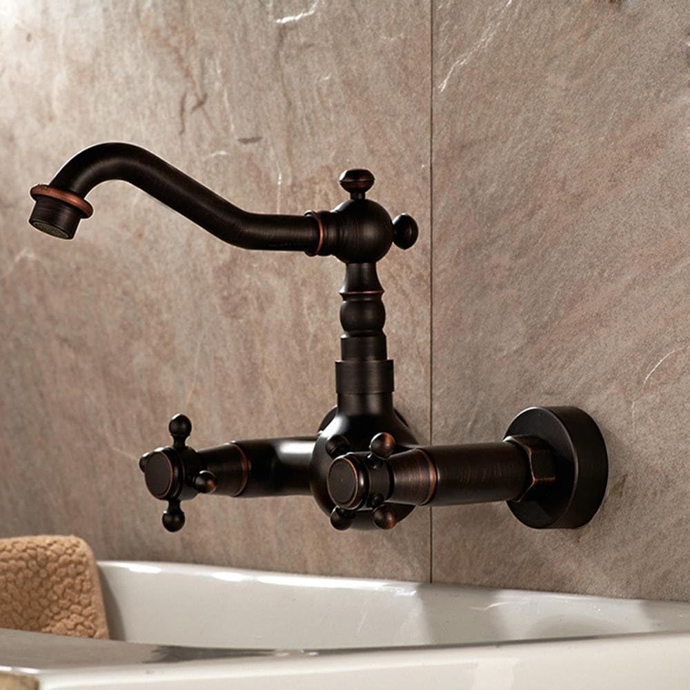 SSBY-Copper basin mixer hot and cold water two holes into the wall antique washbasin copper wall faucet black patina imitation