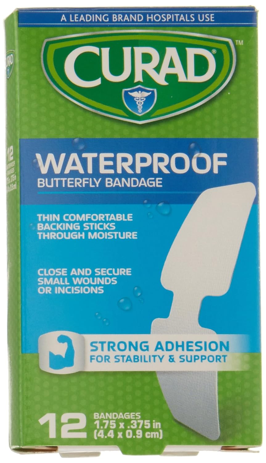 Curad CUR47442RBZ Bandage, Butterfly, Wp, 1 3/4" x 3/8", 1 box of 12 Bandages