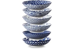 Selamica Porcelain 40oz Large Bowls 9 inch Big Pasta Salad Bowls, Microwave and Oven Safe, Vintage Blue, Set of 6
