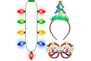 Blowata Christmas Party Favors, 3PCS Light Up Christmas Necklace Headband Glasses Set, Xmas Bulb Necklace Xmas Tree Lights Holiday Headbands LED Flashing Santa Eyeglasses Bulk for Xmas Gift