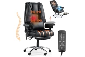 Mvpipi Massage & Heated Office Chair with Foot Rest, Ergonomic Executive Office Chair with Reclining Backrest, Adjustable Arms and Lumbar Support, High Back Leather Desk Chairs for Home Office, Black