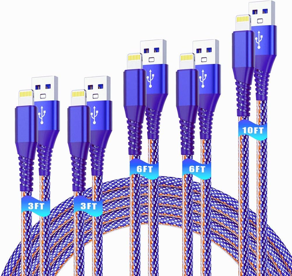 YTGIT iPhone Charger,5 Pack(3/3/6/6/10FT) MFi Certified Apple Lightning Cable Charging Cord USB Syncing Denim Braided Data Compatible iPhone 12 Mini 11Pro/Max/11Pro/11/XS/XR/X/8/8P/7 and More-Blue