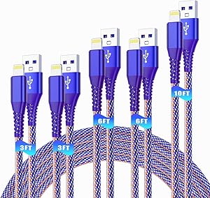 YTGIT iPhone Charger,5 Pack(3/3/6/6/10FT) MFi Certified Apple Lightning Cable Charging Cord USB Syncing Denim Braided Data Compatible iPhone 12 Mini 11Pro/Max/11Pro/11/XS/XR/X/8/8P/7 and More-Blue