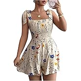 Milumia Women's Boho Floral Tie Knot Sleeveless Rompers Wide Leg Short Jumpsuit