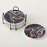 Kedested Ceramic Drink Coasters Set of 6 with Holder, Modern Marble Absorbent Ceramic Coasters, Round Ceramic Table Coasters for Home Decor Coffee Kitchen (4 Inches), Black