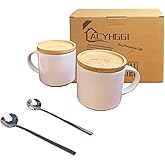 Acyhggi 14 oz Ceramic Coffee Mug Set of 2 with Solid Wood Lid & Spoon Stackable for Home/Restaurant. Microwave/Dishwasher Safe. Great for Latte, Ideal Wedding Gift in White