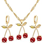 Red Cherry Crystal Jewelry Set Gold Plated Dainty Sweet Fruit Green Leaf Summer Tropical Fruits Chic Rhinestones Cubic Zirconia Earrings Necklace for Women Wedding Bridal Mother's Day Jewelry Gifts