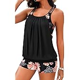 Holipick Plus Size Tankini Swimsuit for Women Two Piece Tummy Control Bathing Suit Blouson Racerback Tankini Top with Shorts