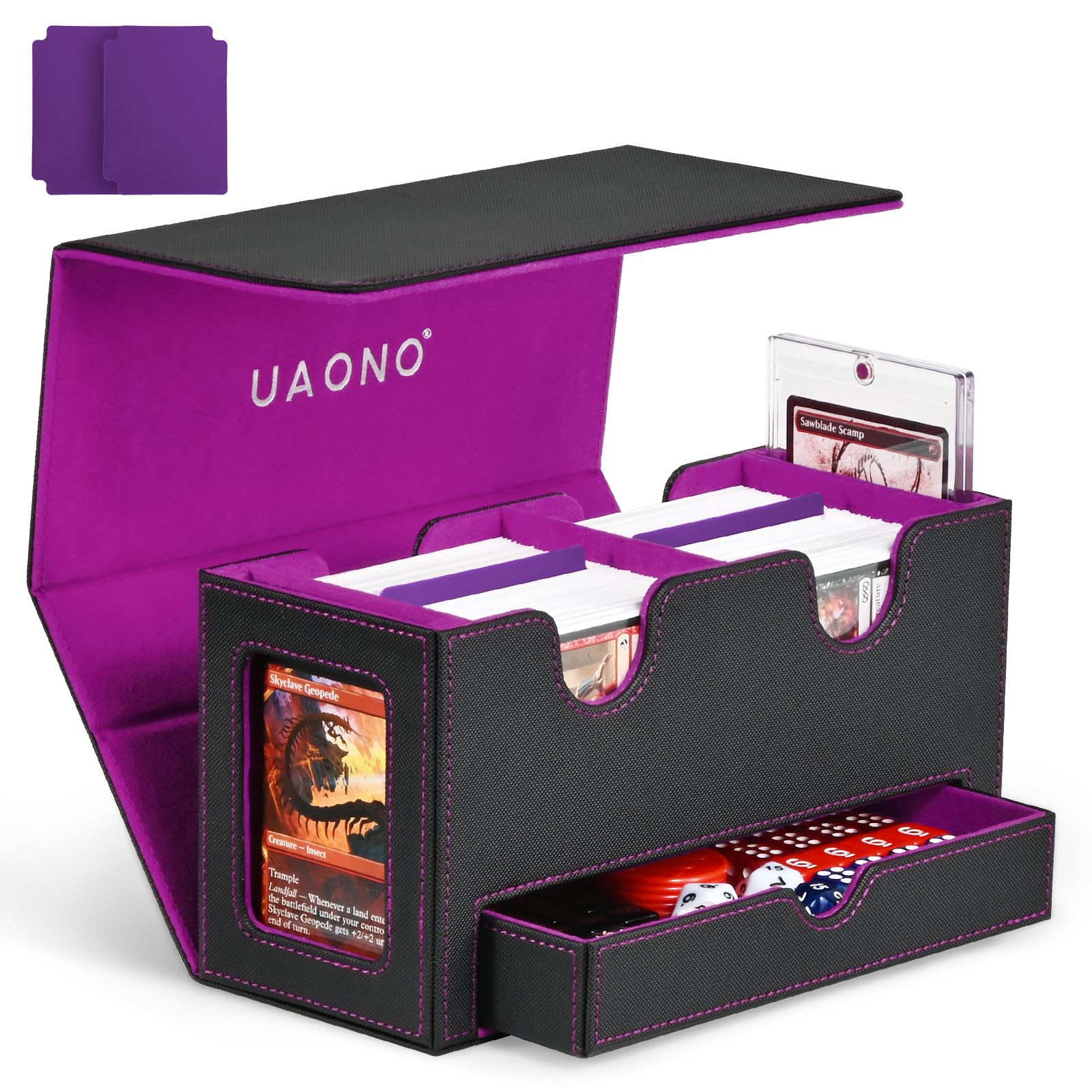 UAONO MTG Deck Box with 2 Commander Display and Dice Tray-Patented Design, Double Deck Box for 250+ Single Sleeved Cards, Leather Magnetic Card Storage Box Fits for TCG CCG Magic Cards (Black&Purple)
