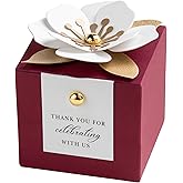 FEIYI 20 PCS Candy Boxes, 3 In 1 Burgundy Favor Boxes with Floral Decor, White Thank You Tags Gift wrapping for Wedding Birthday Baby Shower Decorations Party -2.55x2.55x2.55''