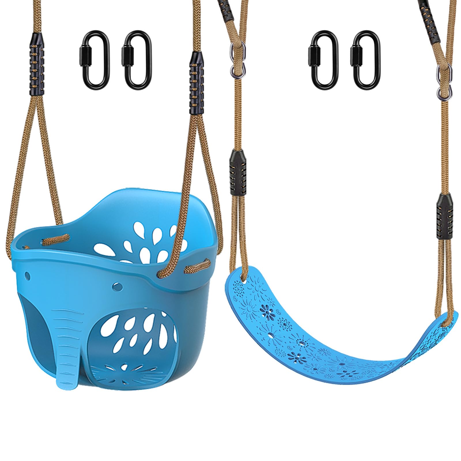 BeneLabel 2pcs Swing Seat, Kids Soft Plastic Bucket Swings Indoor/Outdoor Child Tree Swinging Board with High Back&Adjustable 130-200cm for 1-3 Years Toddler/Baby/Adult, Blue Elephant&Flower/600lbs