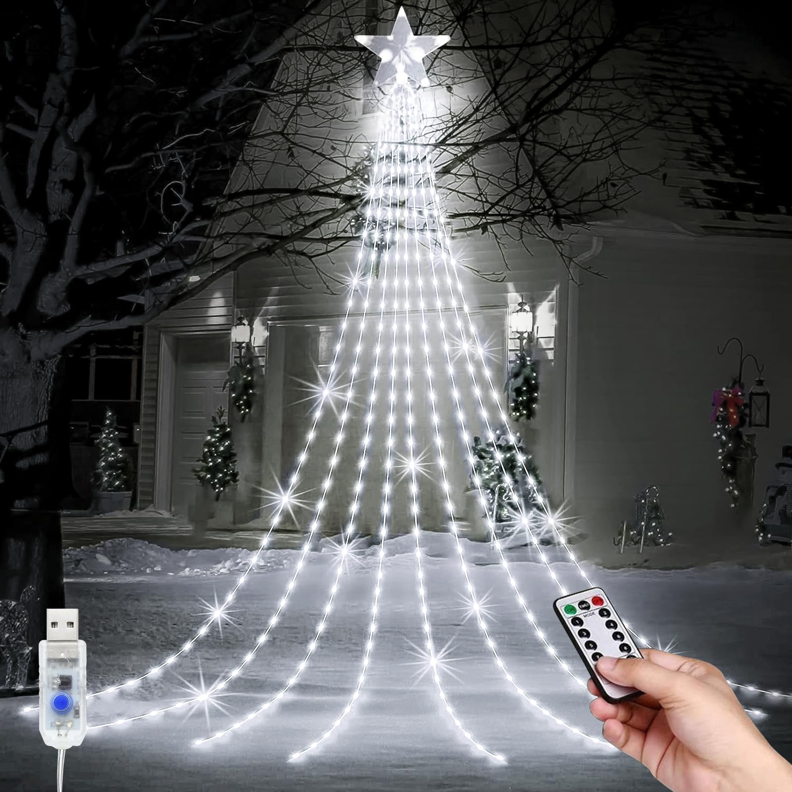 Christmas Decoration Star Lights, USB Christmas Tree Lights with Star Topper, 9*6.56ft Waterproof 8 Modes LED Outdoor Christmas Tree Fairy Lights with Remote for XmasTree, Home, Party Decorations — image 1