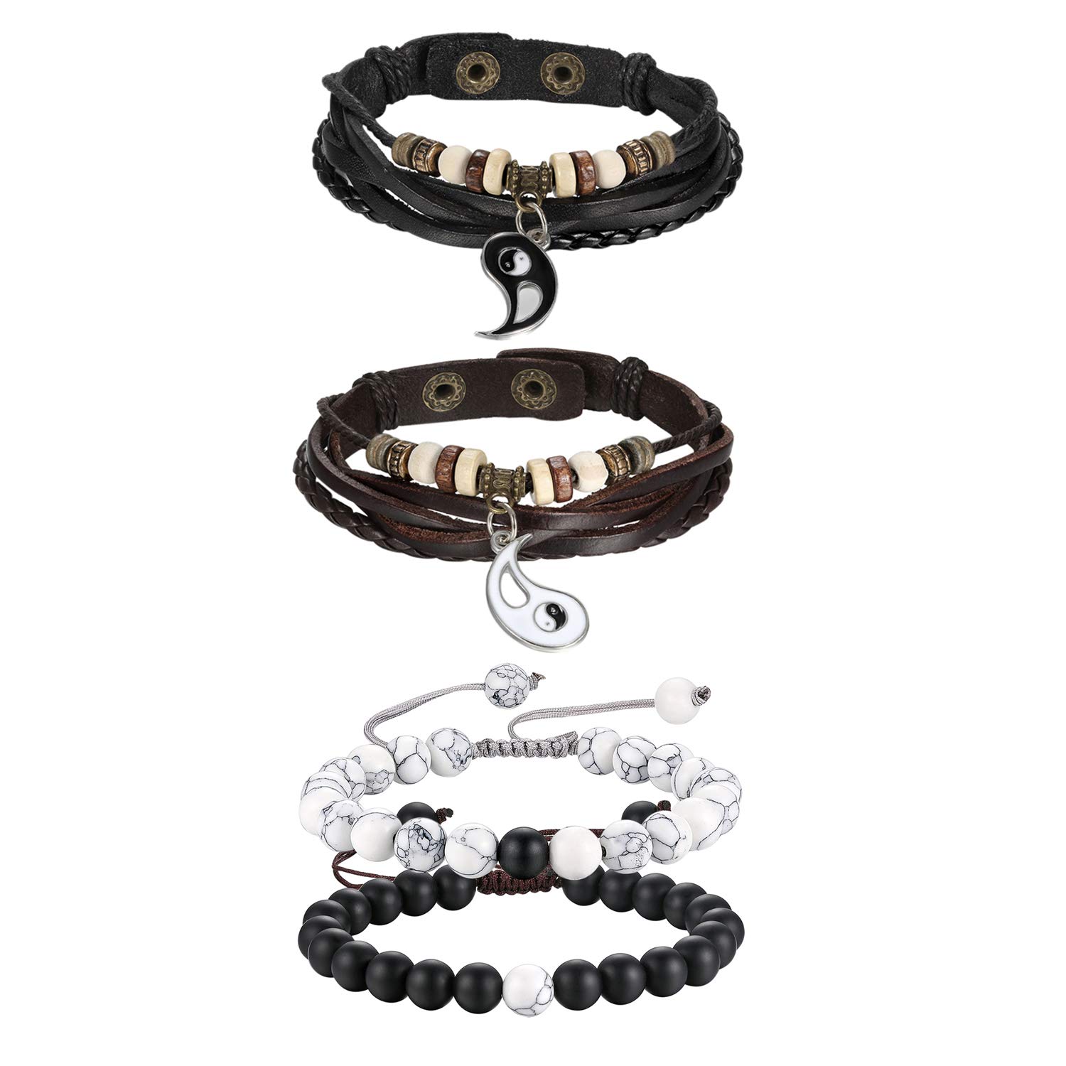 Cupimatch 4pcs Adjustable His and Hers Relationship Couple Bracelet, 8mm Matte Agate Beads and Leather Puzzle Matching Bracelet Bangle
