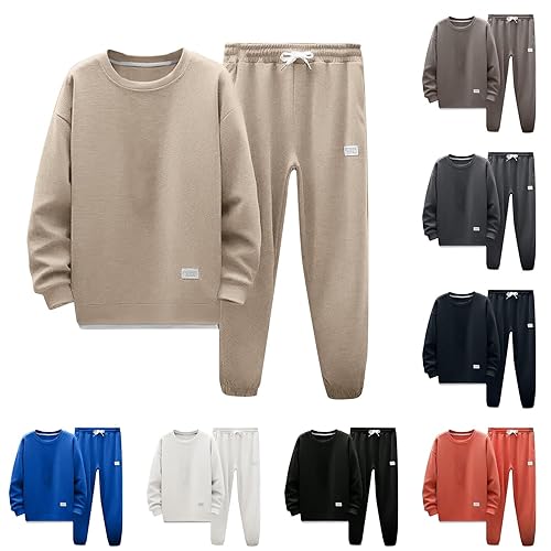 Mens Tracksuit Full Set 2 Piece Sets Long Sleeve Crewneck Tops Bottoms Solid Color Sweat Suit Jogging Gym Tracksuit