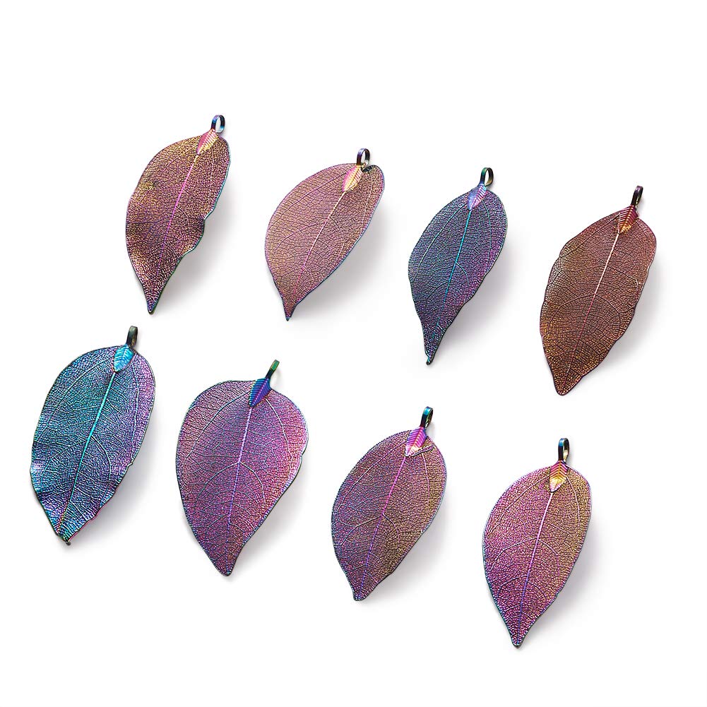 Photo 1 of Panadhall 10pcs Large Hole Natural Real Filigree Leaf Pendants Charms 1.97-3.15x0.79-1.38 Inch with Colorful Plated Iron Bail for Necklace Jewelry Making