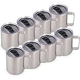 Volhoply 14oz Insulated Stainless Steel Coffee Mug with Lid Bulk 8 Pack,Double Wall Vacuum Travel Coffee Cup with Handle,Reusable Metal Cups Tumbler,Camping Mugs Keep Hot,Ideal Gifts(Silver,8)