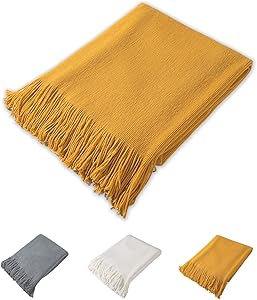 JSTEX Throw Blankets Acrylic Bed Throw Fleece Blanket for Soft Couch Soft Lightweight Decorative Tassel Blanket with Fringe 50" x 60"