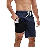 YnimioAOX Men’s Swim Trunks with Compression Liner 9 Inch Bathing Suits 2 in 1 Quick Dry Board Shorts with Pockets